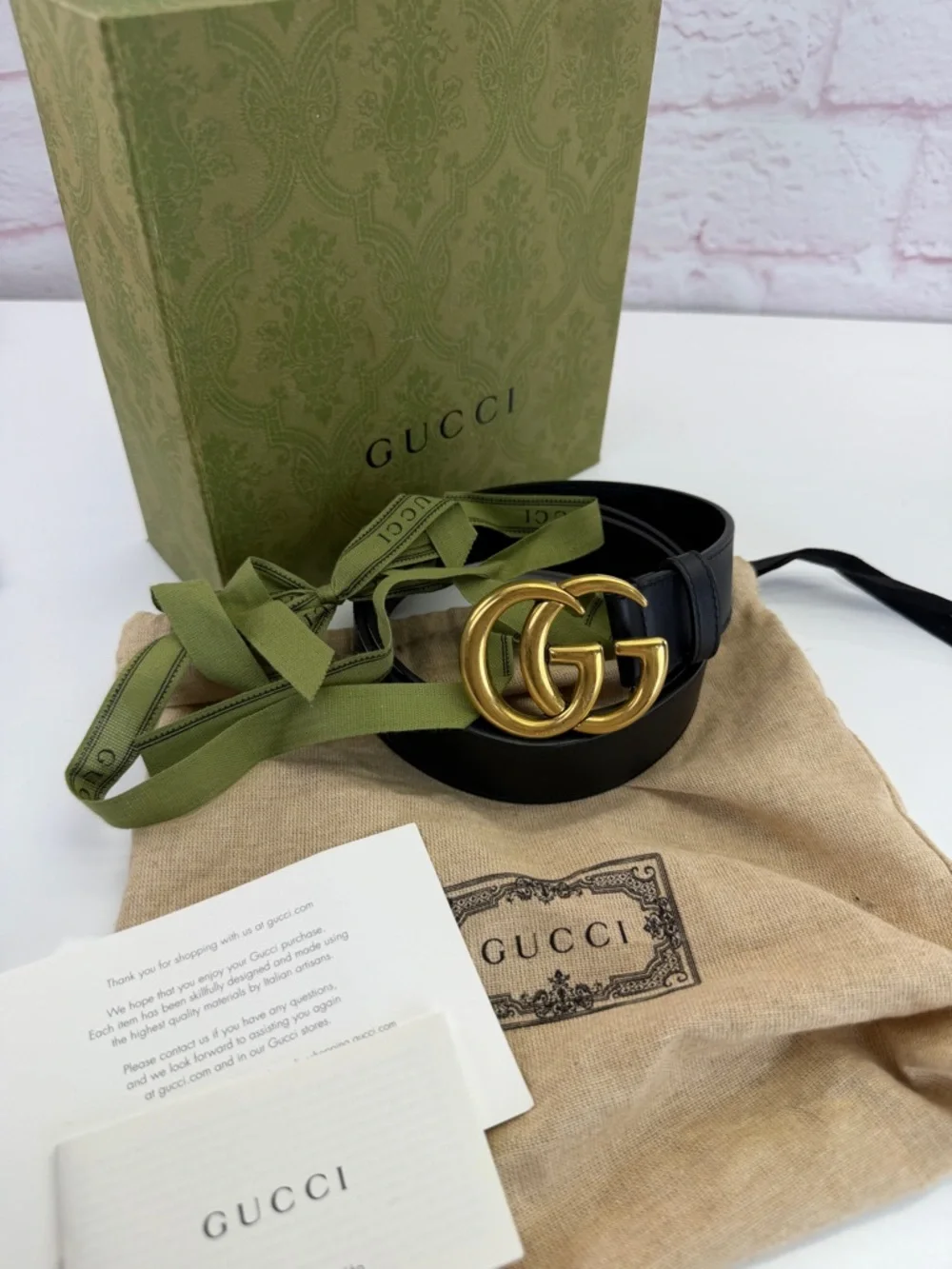 Authentic Gucci Slim Leather Marmont Gg Double Mens Belt Black 80/32” 414516
